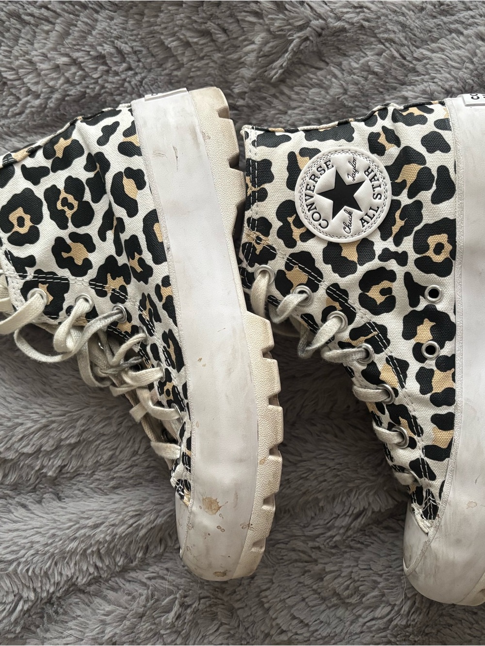 Converse High-Top Sneakers in Cream, Black, and Tan Leopard Print